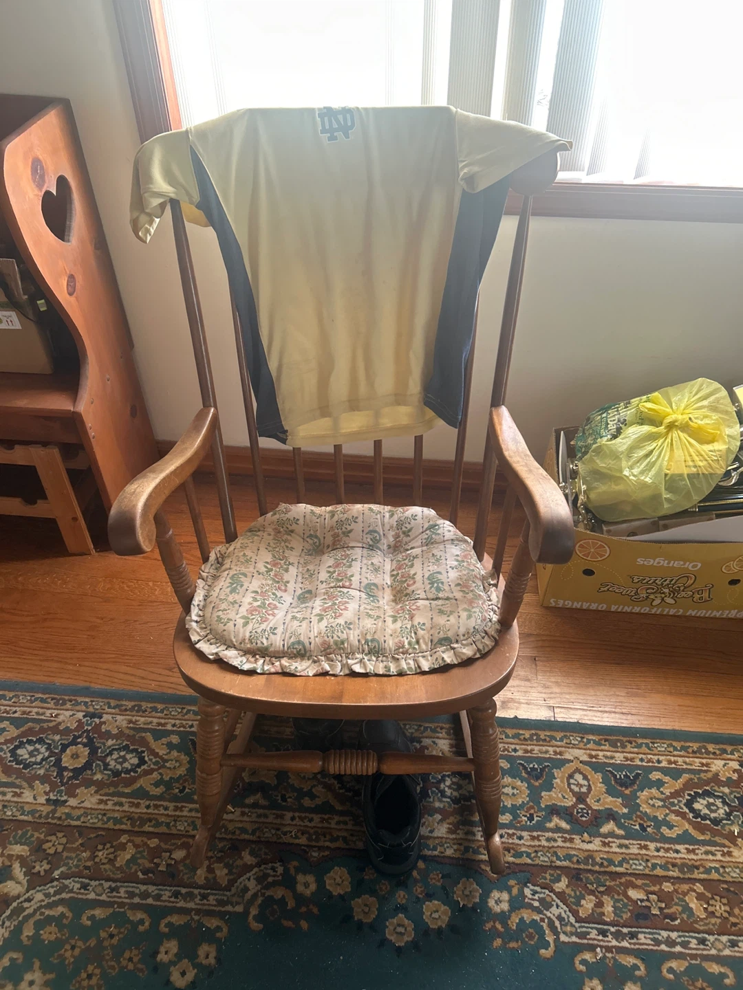 Wooden Rocking Chair with Floral Cushion