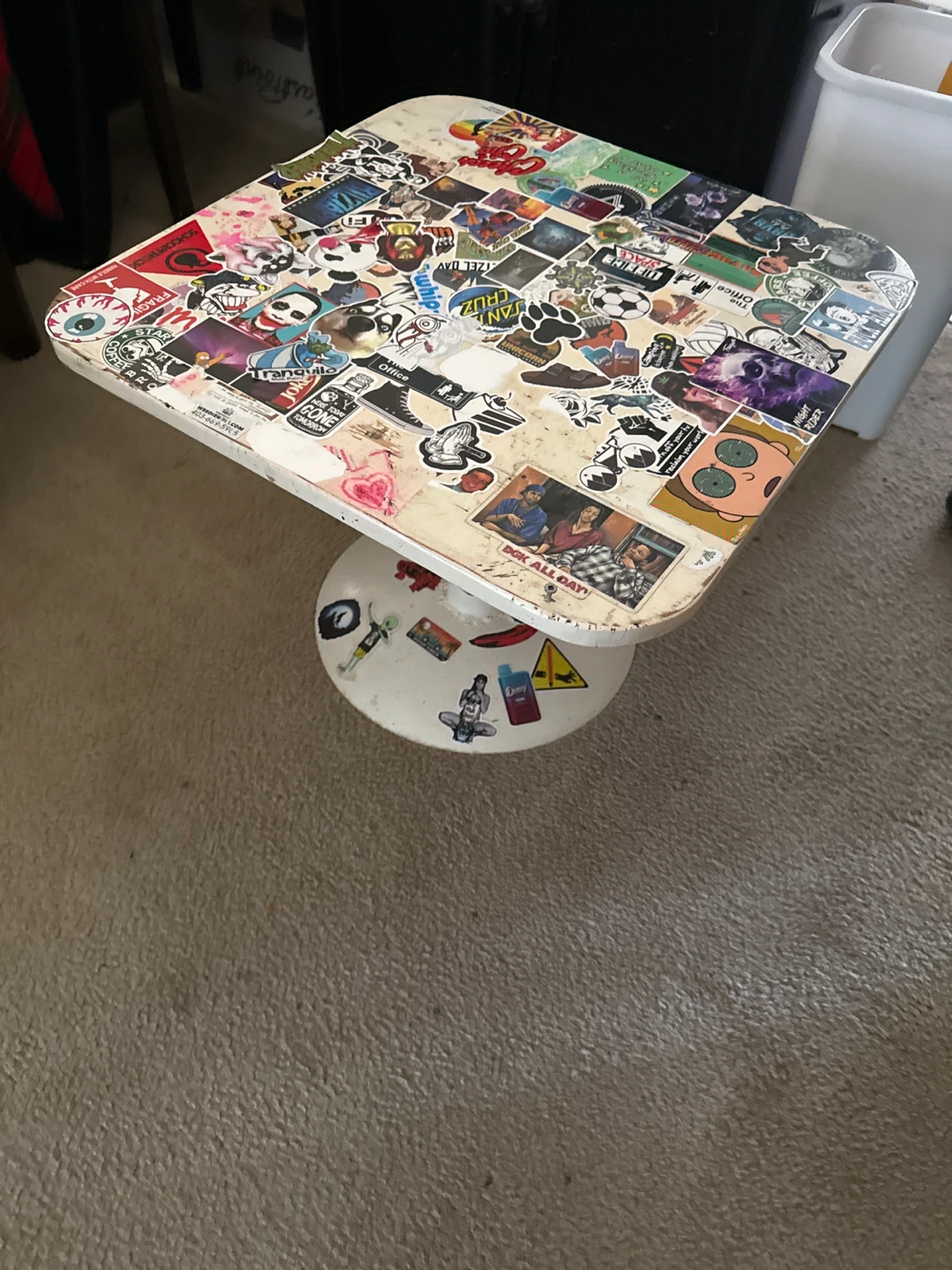 White side table with stickers