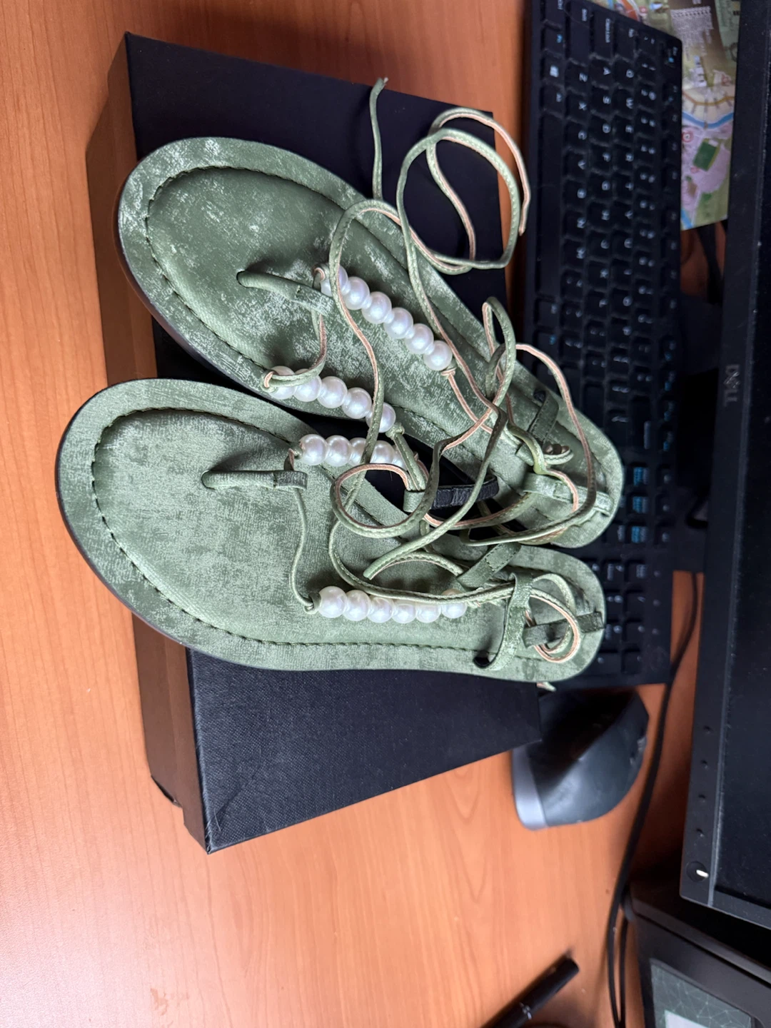 Olive Green Pearl Lace-Up Sandals Size 37