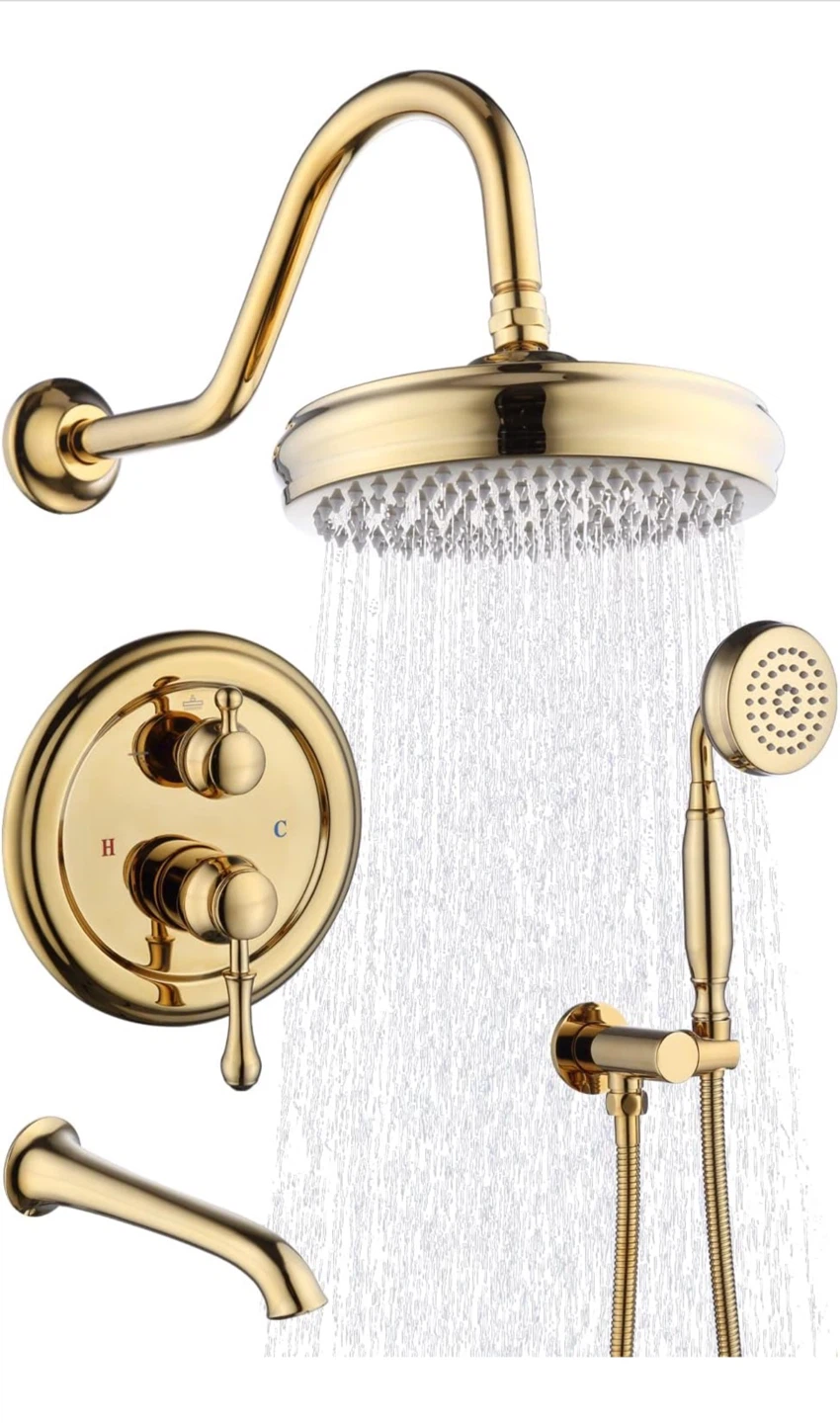 Enga Bright Gold Brass Shower Tub Faucet System - photo 3