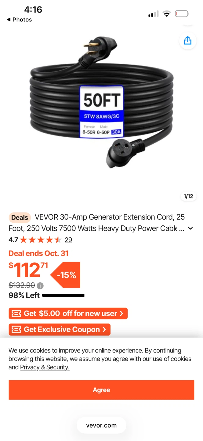 VEVOR 50ft 30A Generator Extension Cord