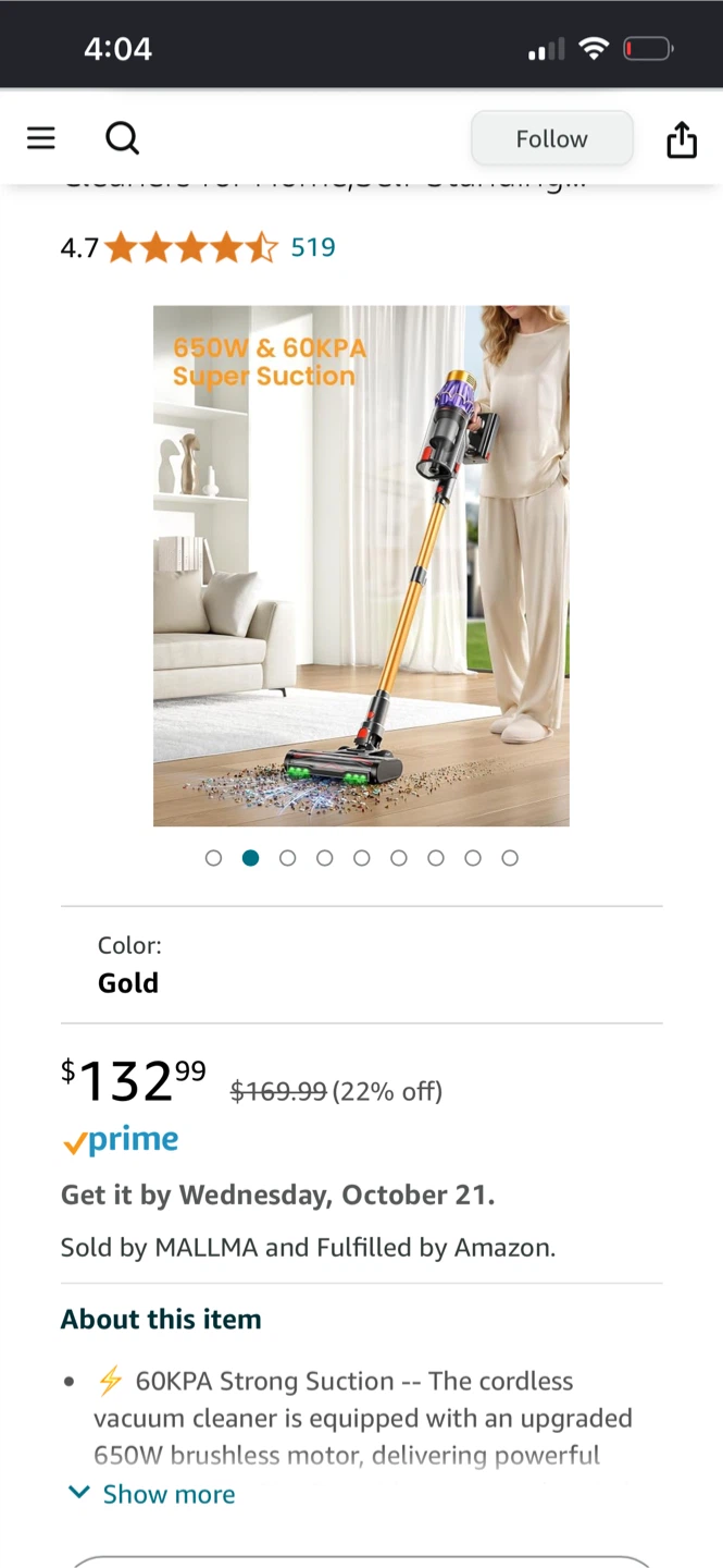 Jobear Cordless Vacuum Cleaner Gold - photo 2