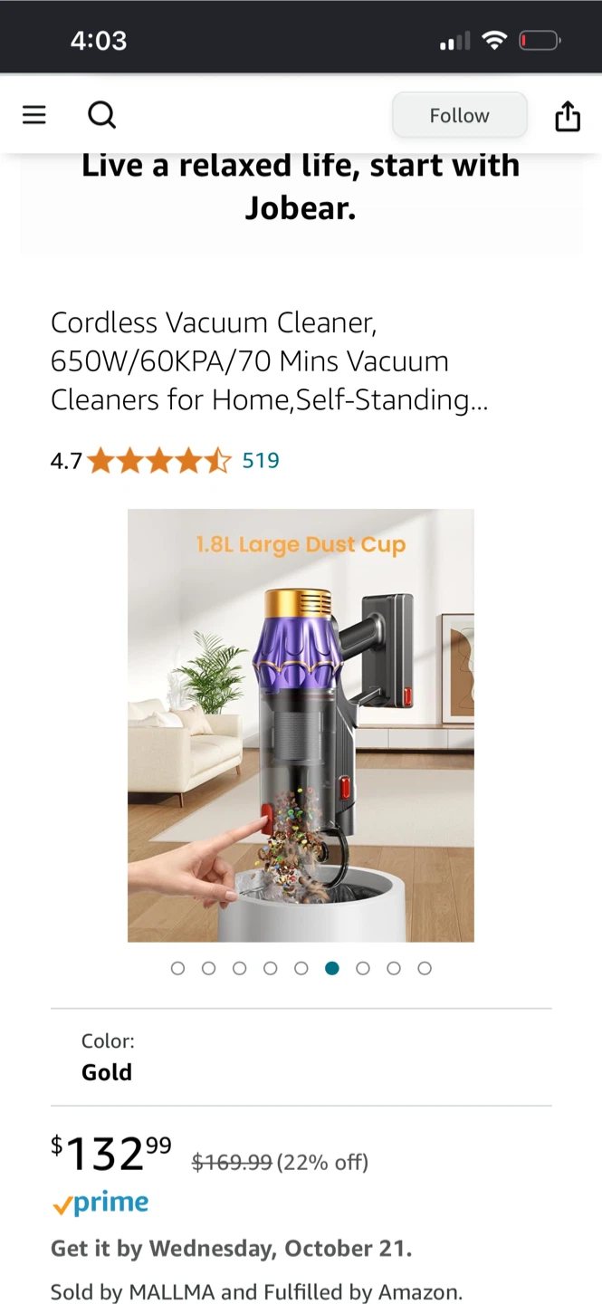 Jobear Cordless Vacuum Cleaner Gold - photo 3