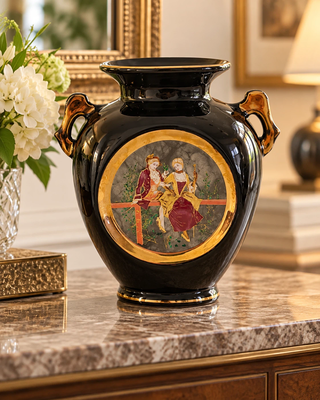Vintage Black and Gold Porcelain Decorative Vase