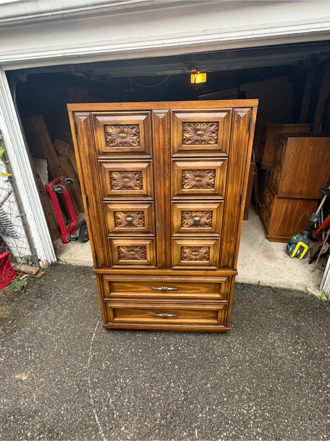 Free delivery used Vintage Armoire with Carved Floral Details
