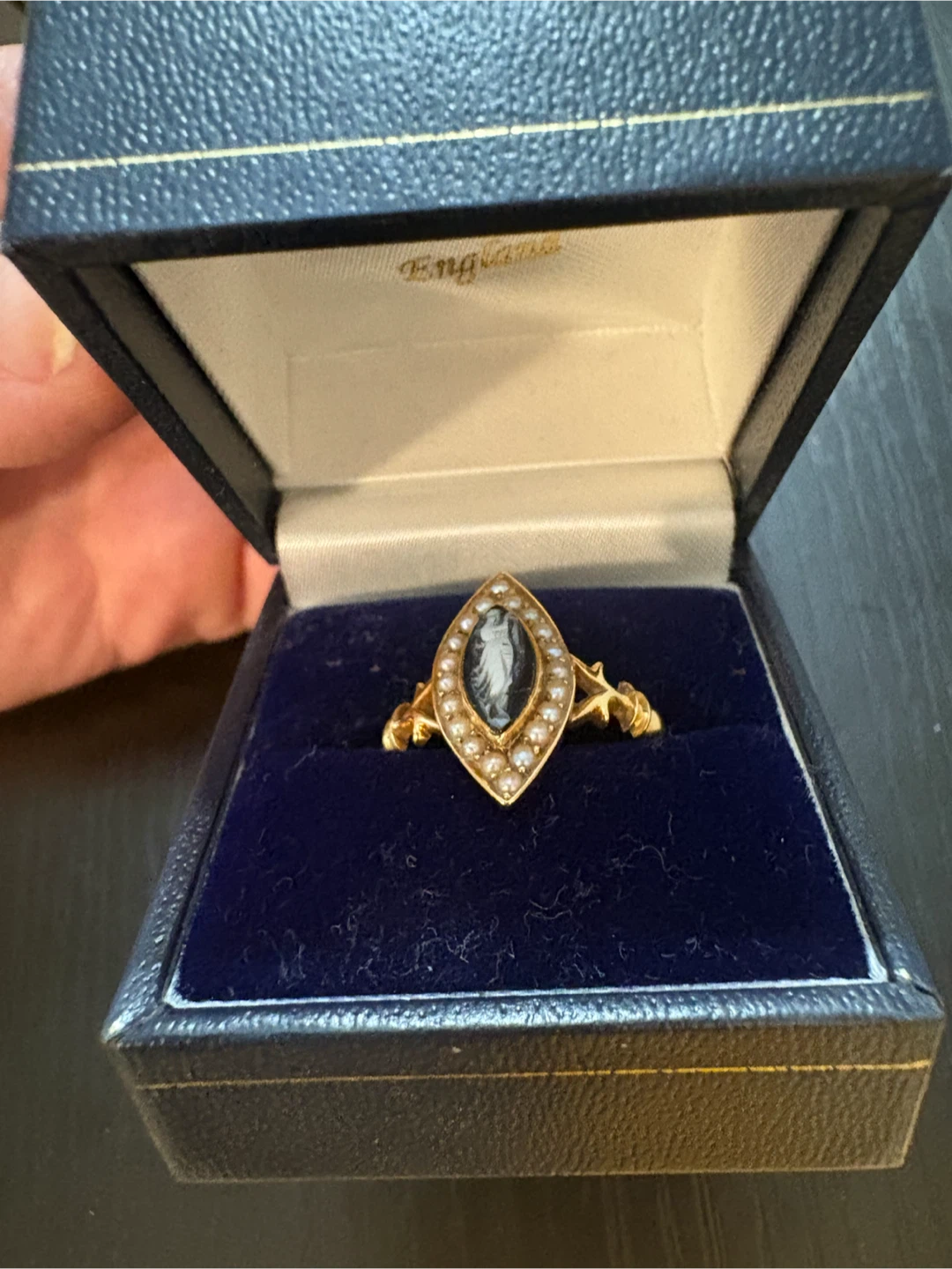 Vintage Marquise Cameo and Pearl Ring