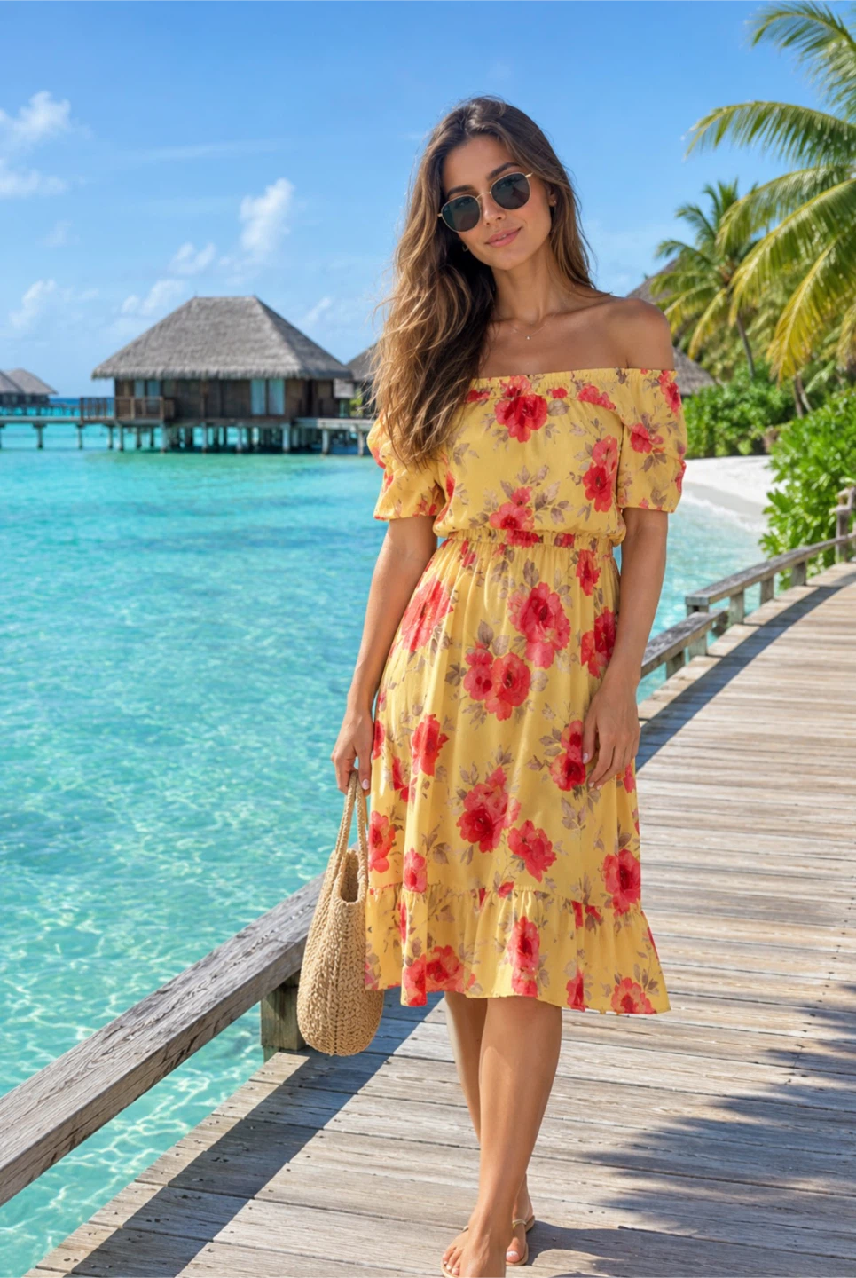 Yellow Floral Off-the-Shoulder Summer Dress