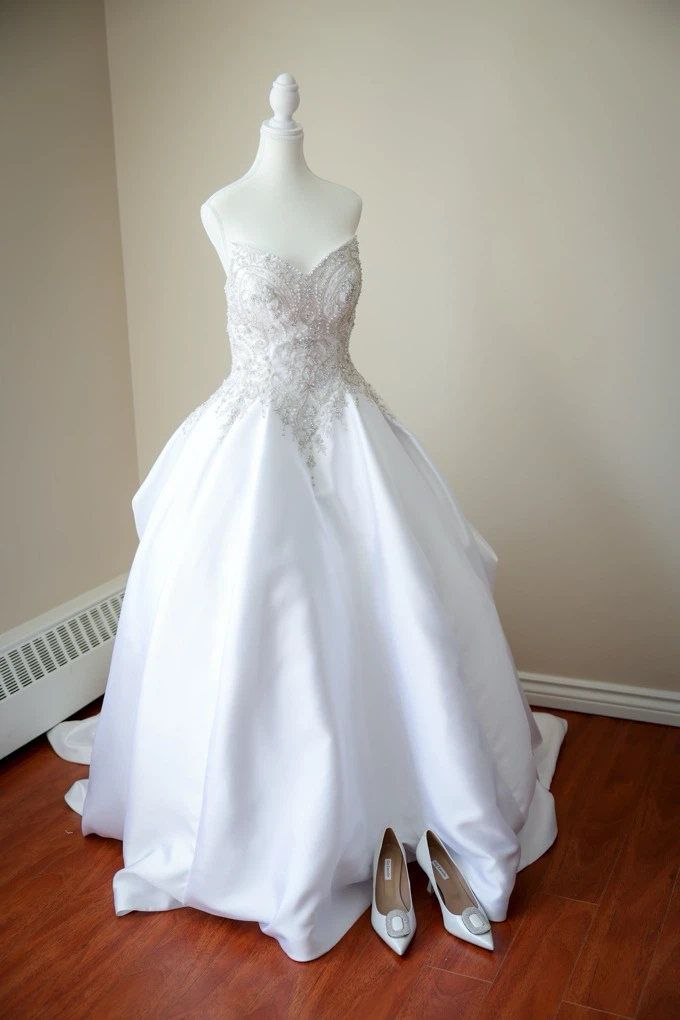 Beaded ball gown wedding dress, with veil and gloves