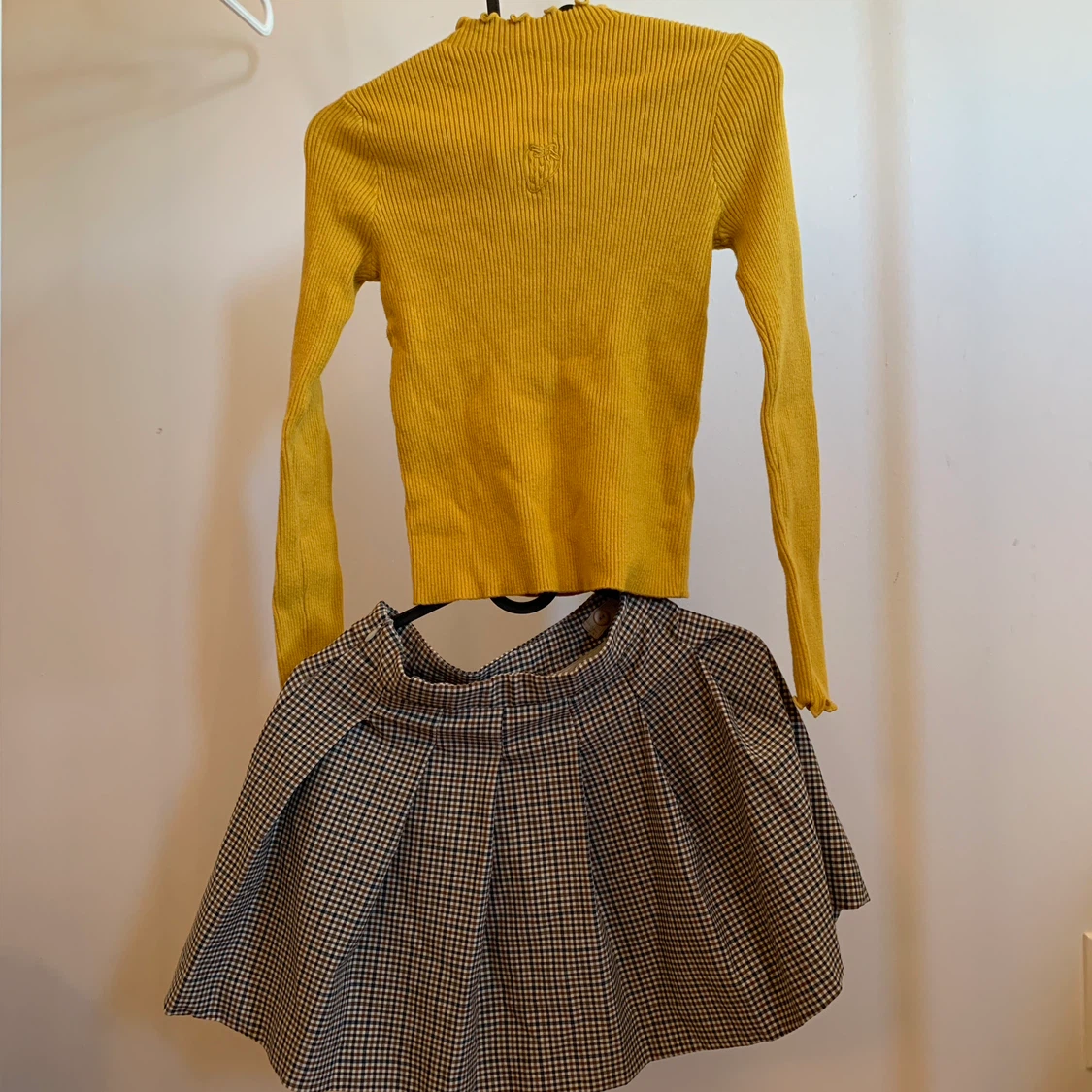 Girls mustard top and plaid skirt outfit