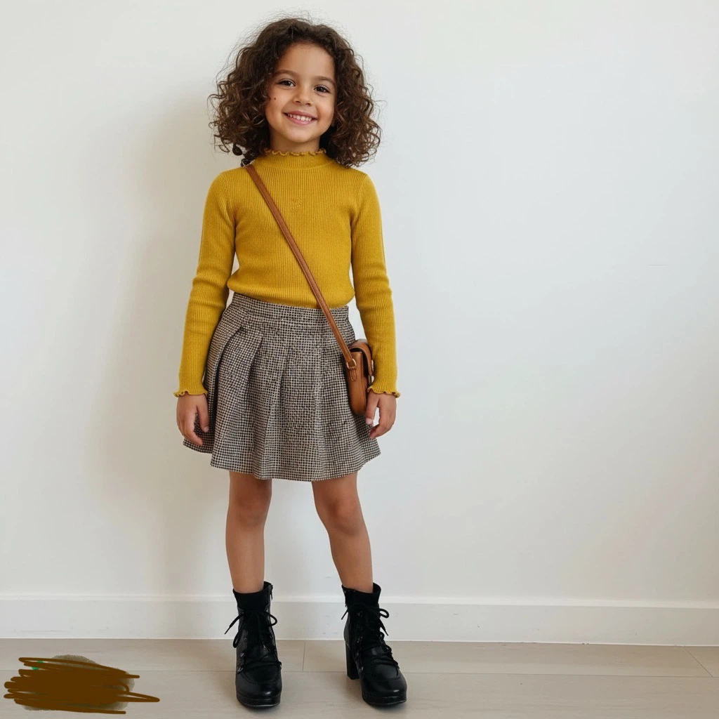 Girls mustard top and plaid skirt outfit - photo 2