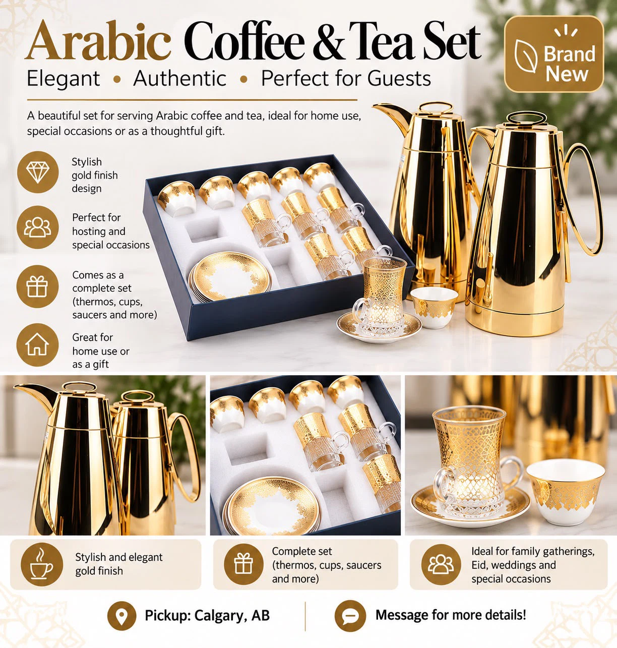 Brand New Luxury Arabic Coffee & Tea Set – Gold Thermos & Cups