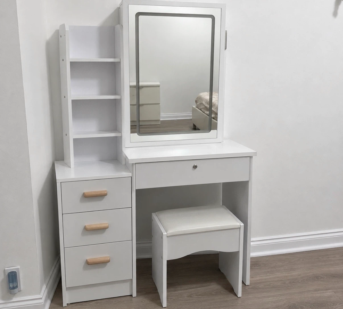 White LED Makeup Vanity with Matching Stool