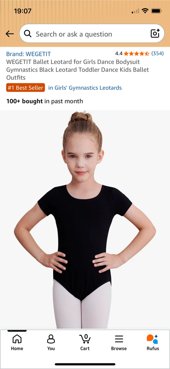 WEGETIT Black Girls Dance Leotard, 6-8 Years