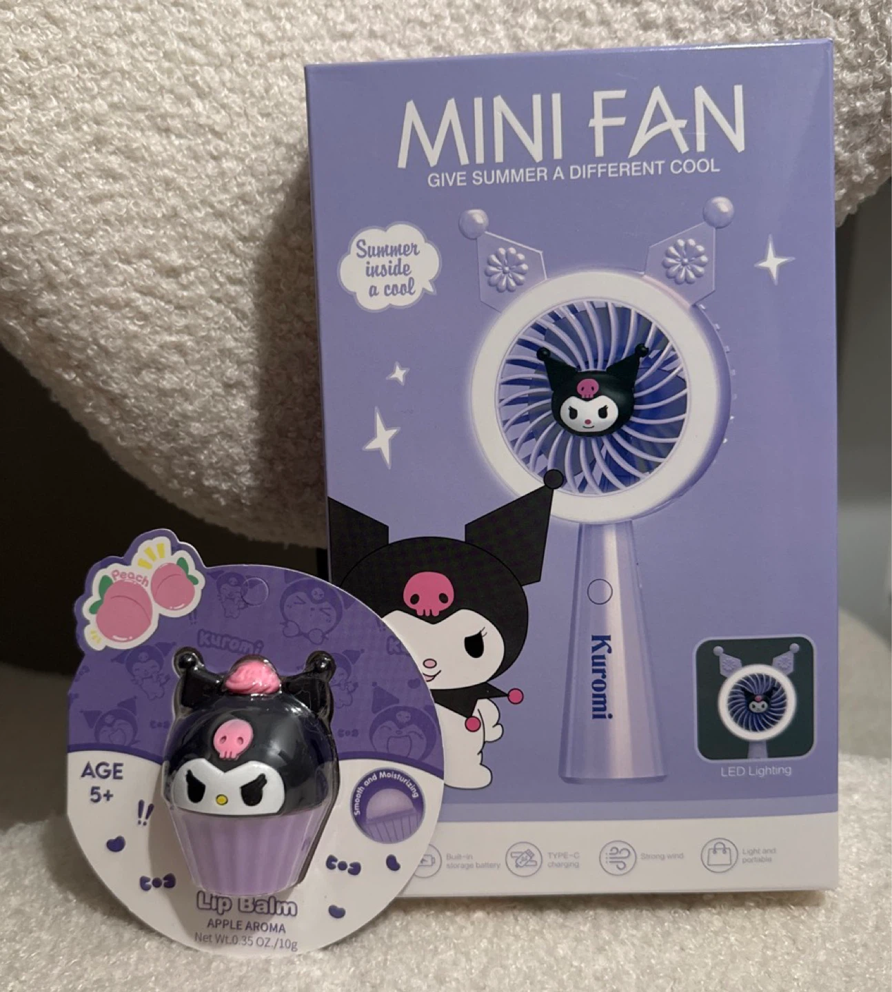 Kuromi Mini Fan and Lip Balm Bundle Purple Kawaii Gift Set