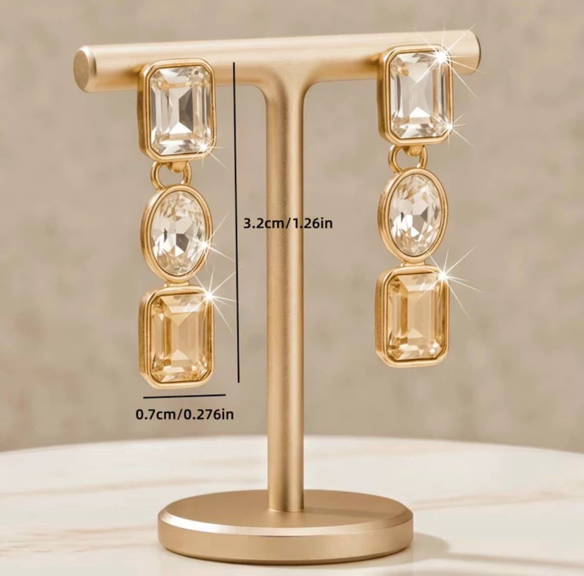 Gold-Toned Crystal Drop Earrings, Emerald-Cut and Oval Stones - photo 3
