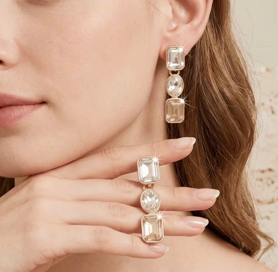 Gold-Toned Crystal Drop Earrings, Emerald-Cut and Oval Stones - photo 4