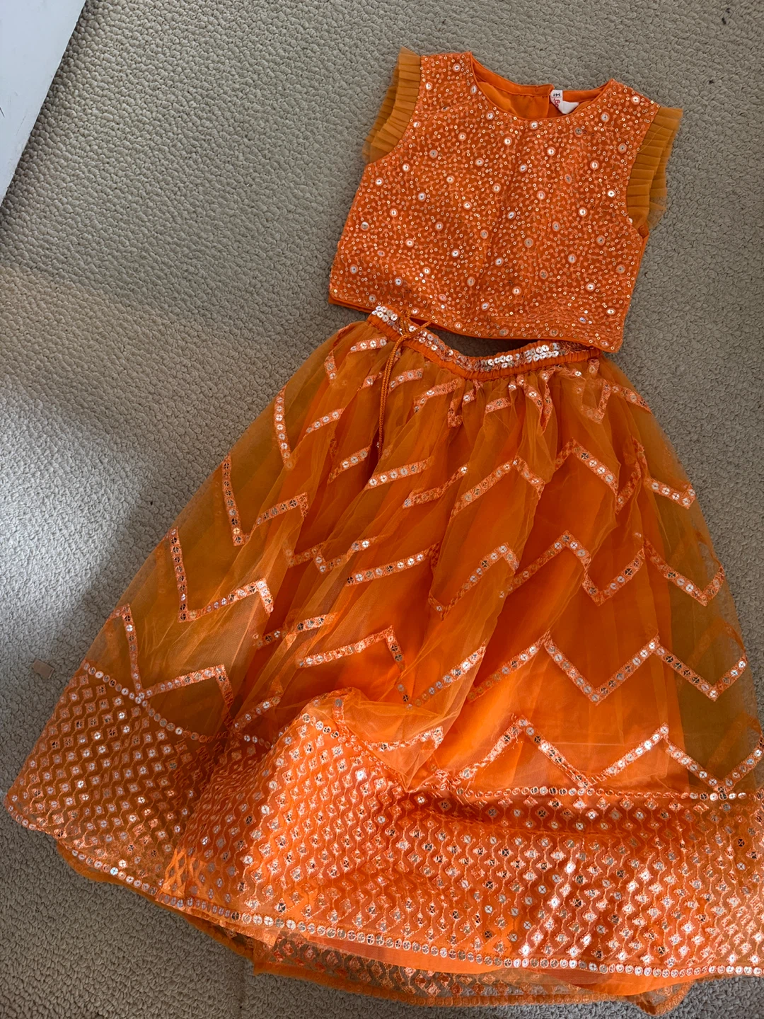 Girls Orange Sequin Lehenga Set
