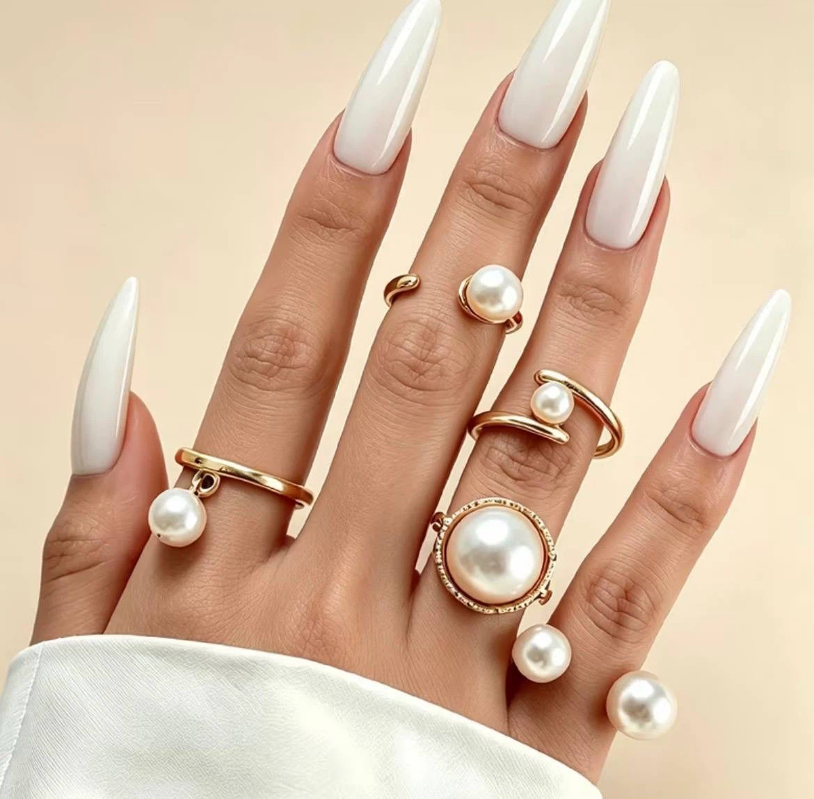 Gold-Toned Pearl Ring Set, 5 Rings
