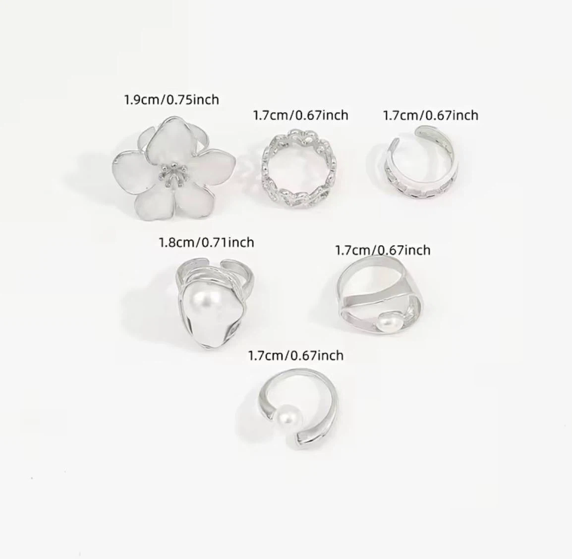 Silver-Toned Ring Set, 6 Rings with Flower and Pearl-Look Beads - photo 4