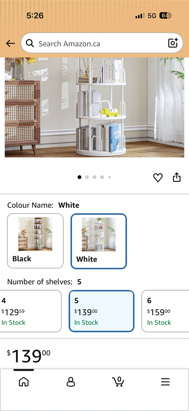360 Rotating Bookshelf - 5 Tier White