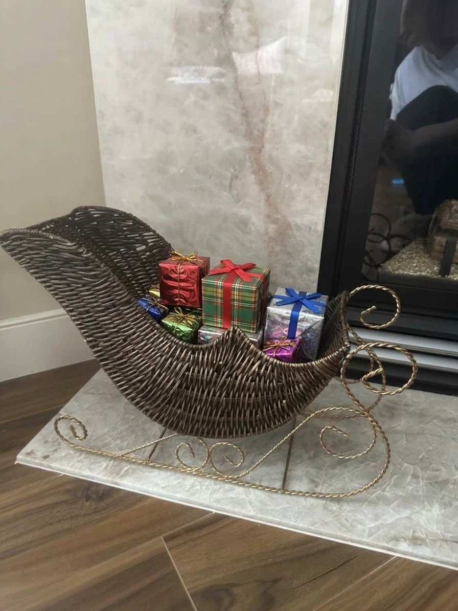 ⁠Rustic Dark Wicker Tabletop Sleigh Basket/Holiday-Doll Decor⁠