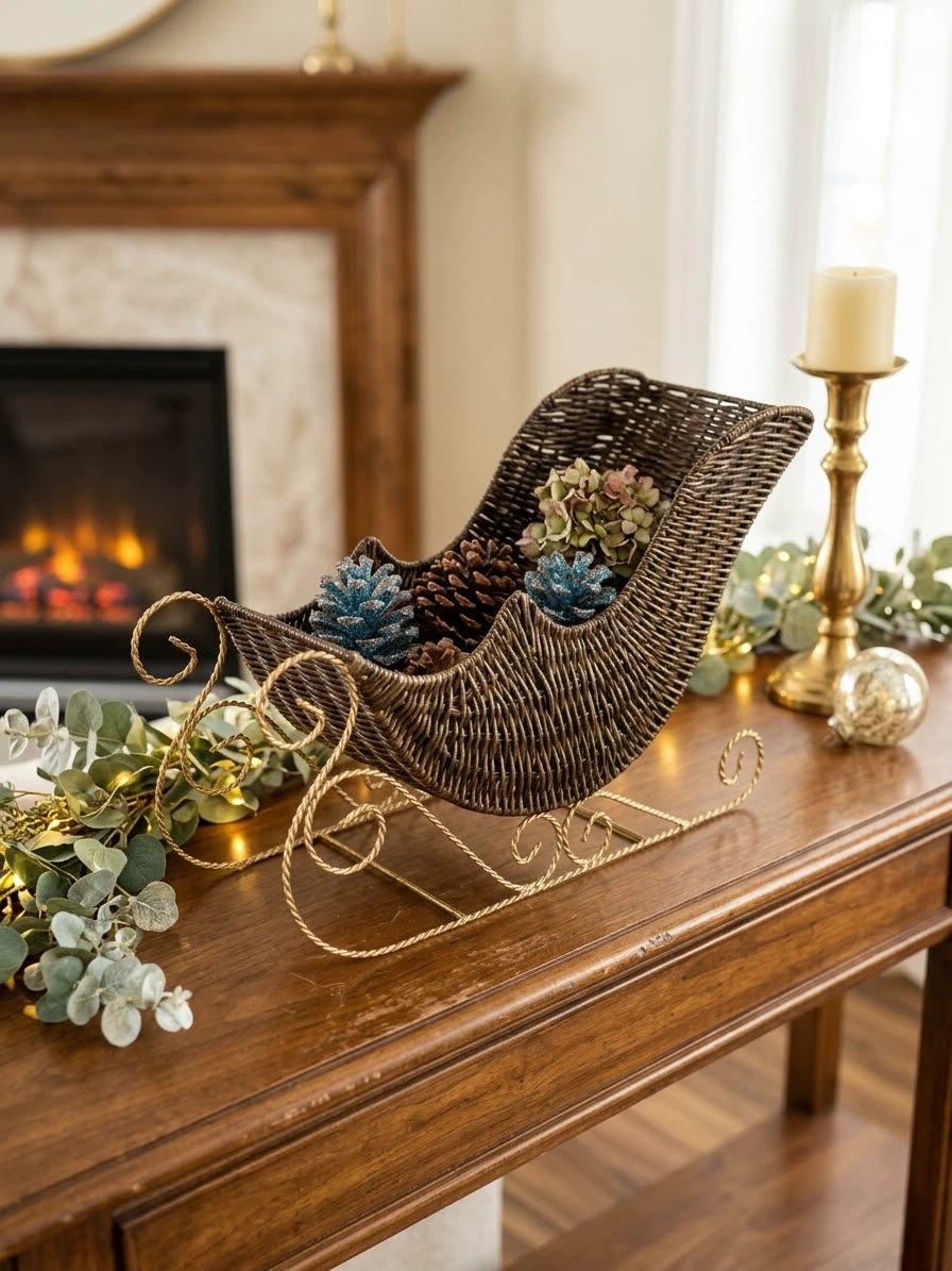 ⁠Rustic Dark Wicker Tabletop Sleigh Basket/Holiday-Doll Decor⁠ - photo 2