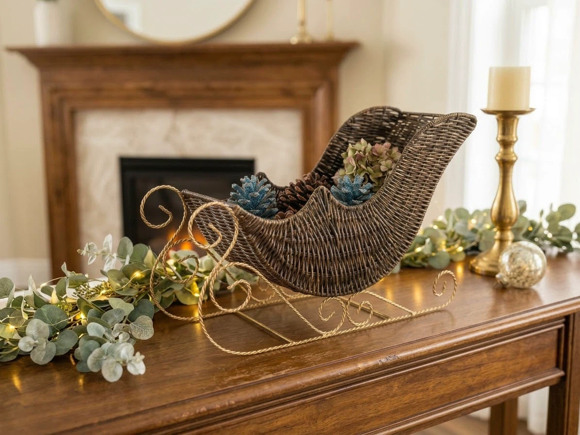 ⁠Rustic Dark Wicker Tabletop Sleigh Basket/Holiday-Doll Decor⁠ - photo 3