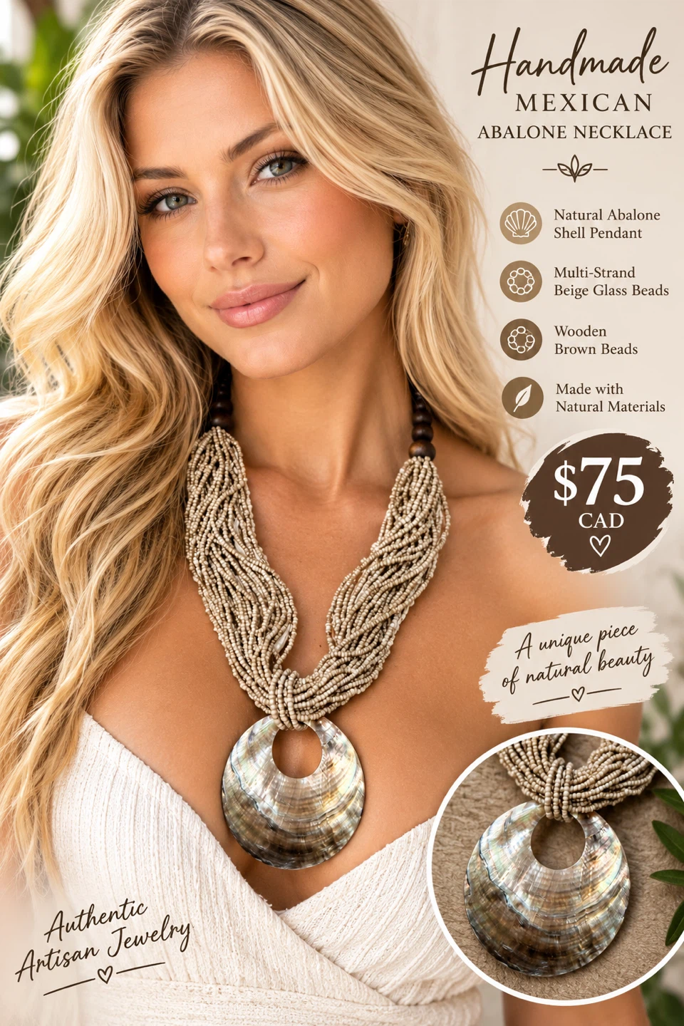 Handmade Mexican Abalone Beaded Necklace Artisan