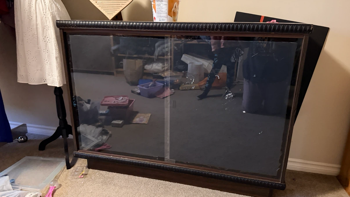 Dark Wood Display Cabinet with Sliding Glass Doors
