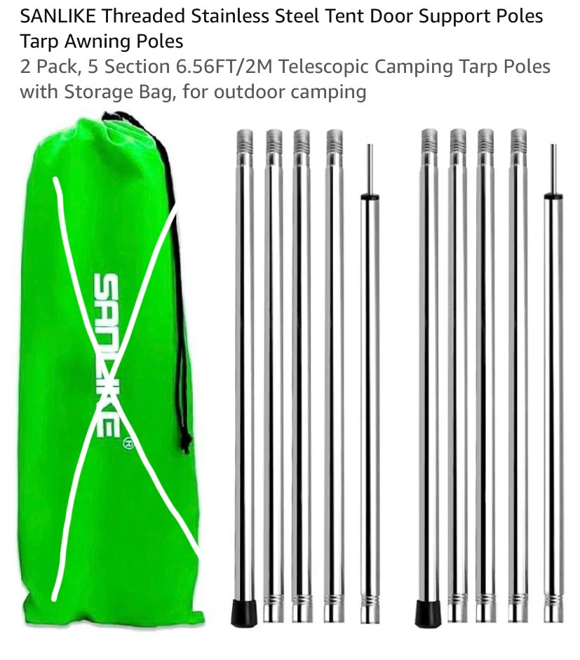 2 Threaded Stainless Steel Tent / Tarp Support Poles