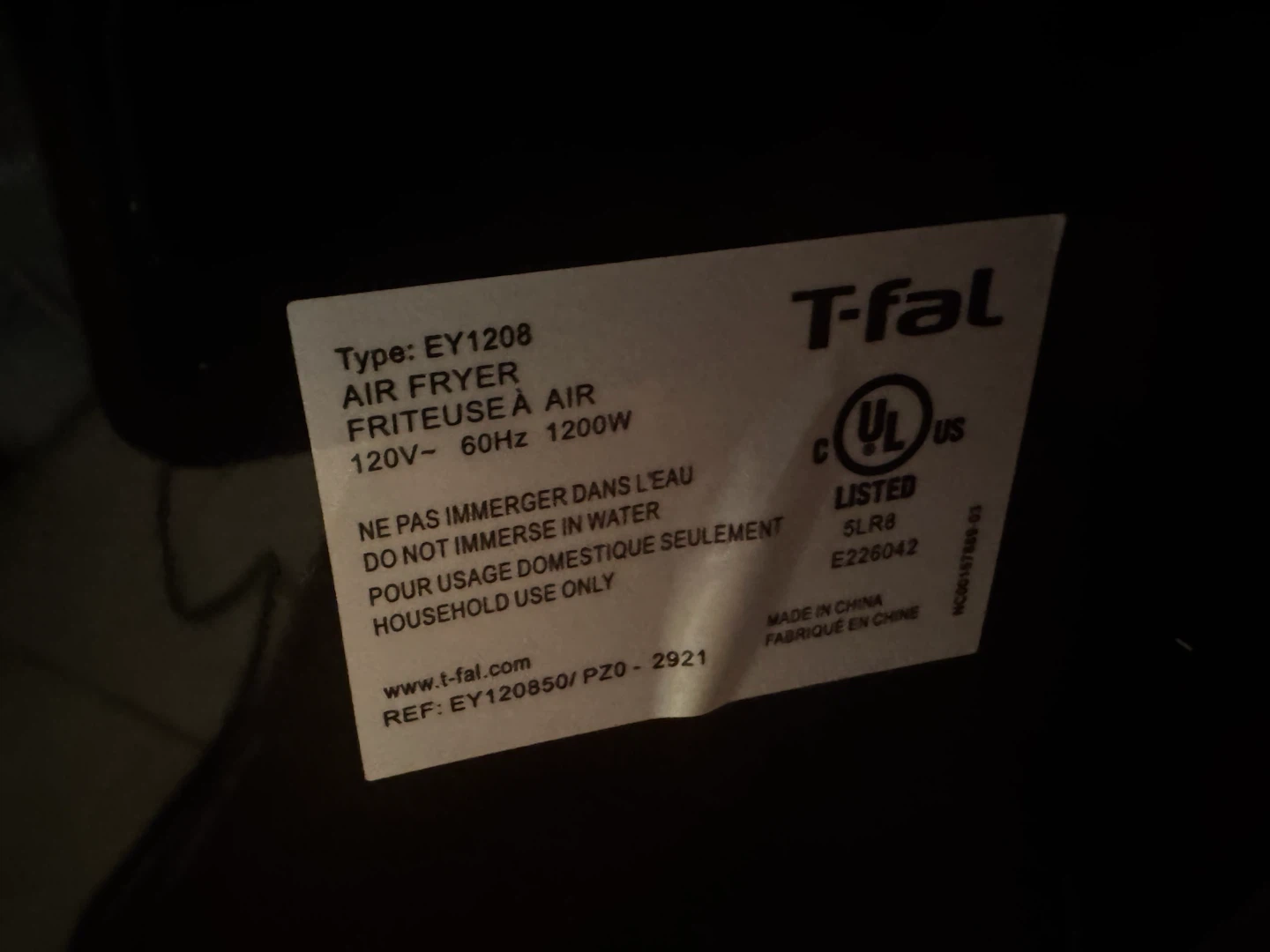 T-fal Air Fryer Model EY1208 - photo 5