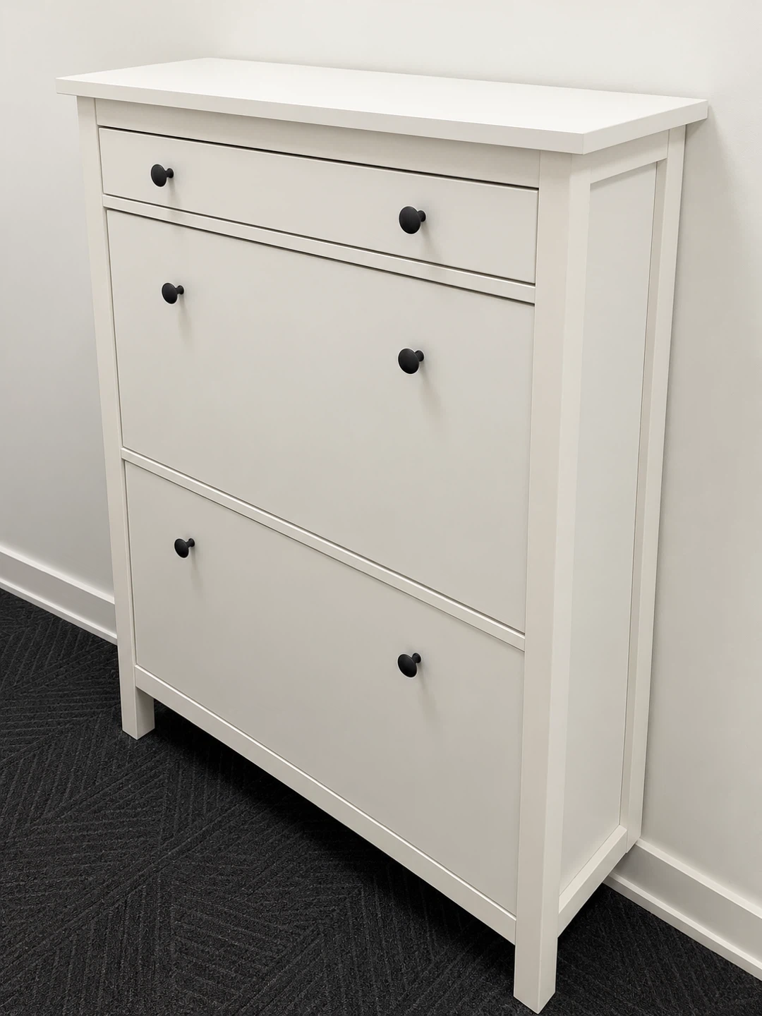 IKEA White Shoe Cabinet – 3 Compartments – Black Handles