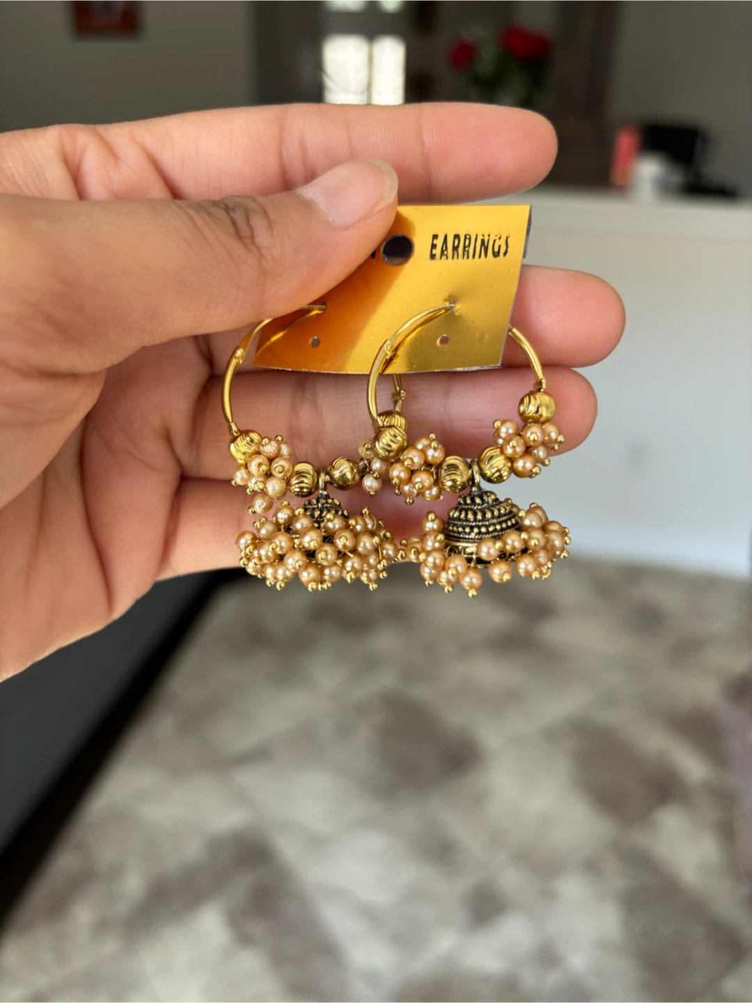 Gold-toned Jhumka Hoop Earrings with Pearls
