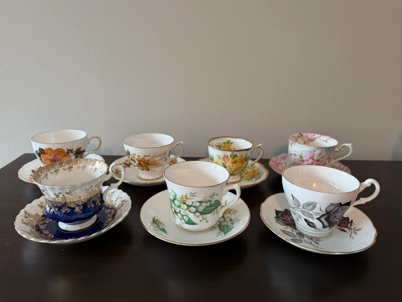 Set of 7 Vintage Bone China Tea Cups and Saucers