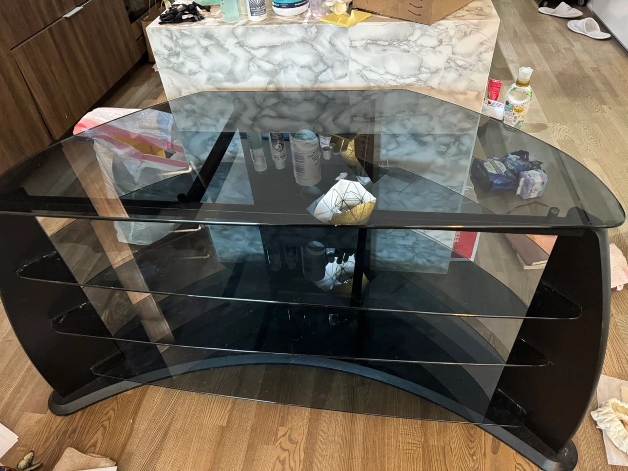 European Black Glass half moon designer’s table/ Corner TV Stand
