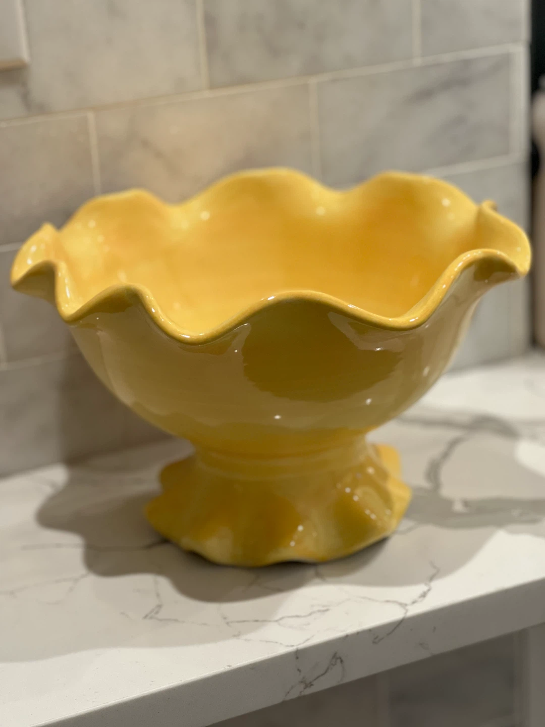 Crate & Barrel Yellow Ruffled Footed Centerpiece Bowl