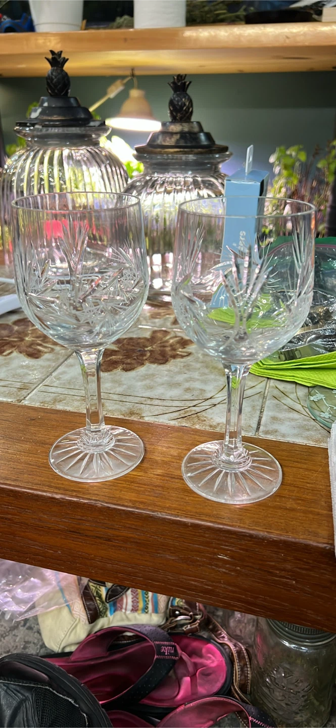 Set of 2 Cut Glass Wine Glasses
