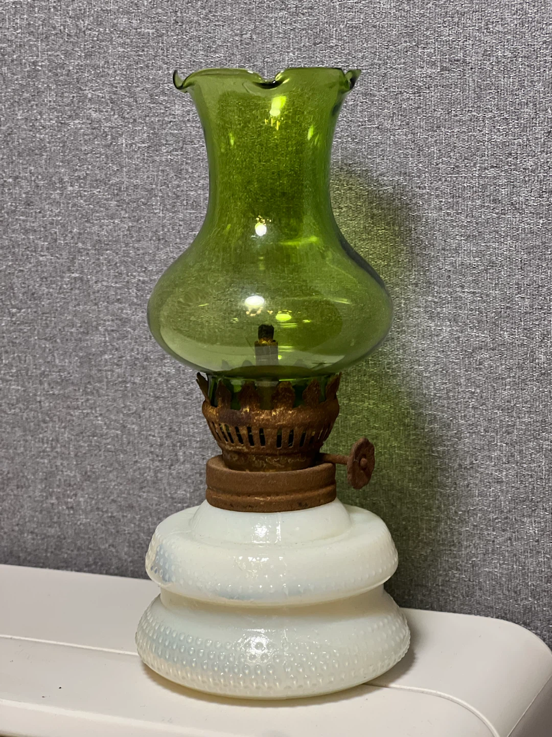 Vintage Mini Glass Oil Lamp with Green Ruffled Chimney Hong Kong
