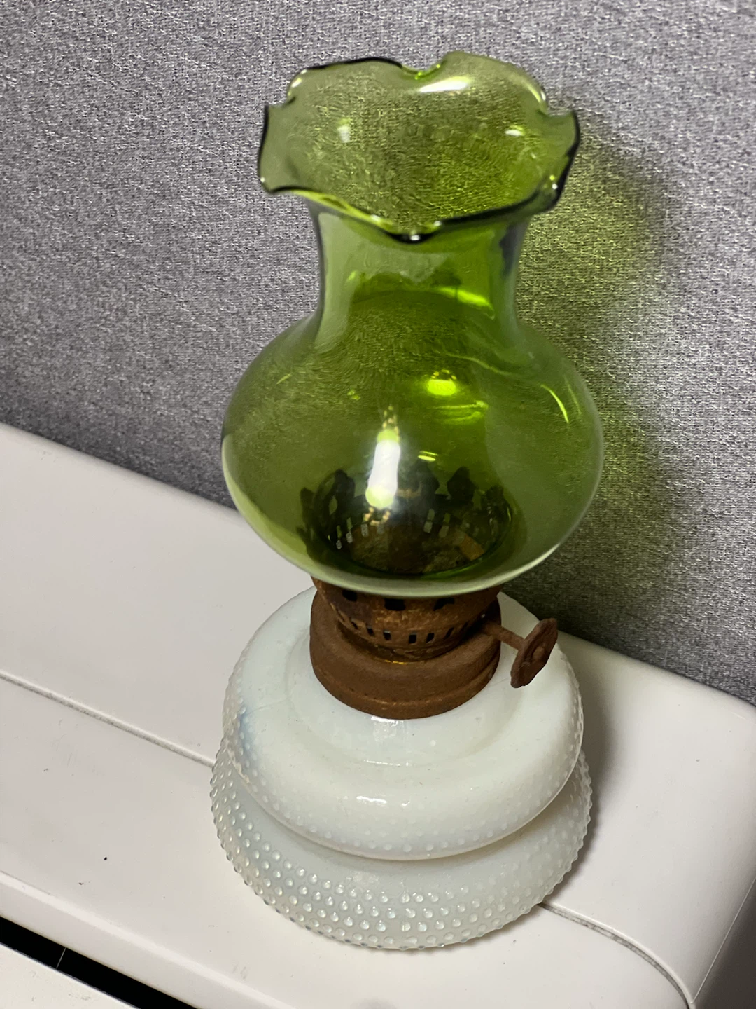 Vintage Mini Glass Oil Lamp with Green Ruffled Chimney Hong Kong - photo 2