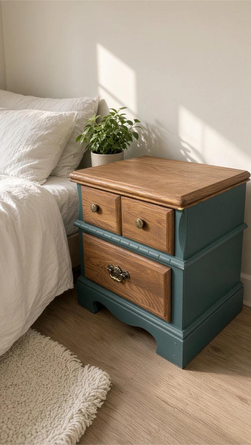 Refinished Teal and Oak Nightstand