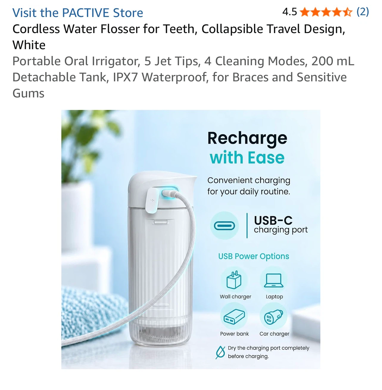 Cordless Water Flosser for Teeth, Collapsible Travel Design - photo 2