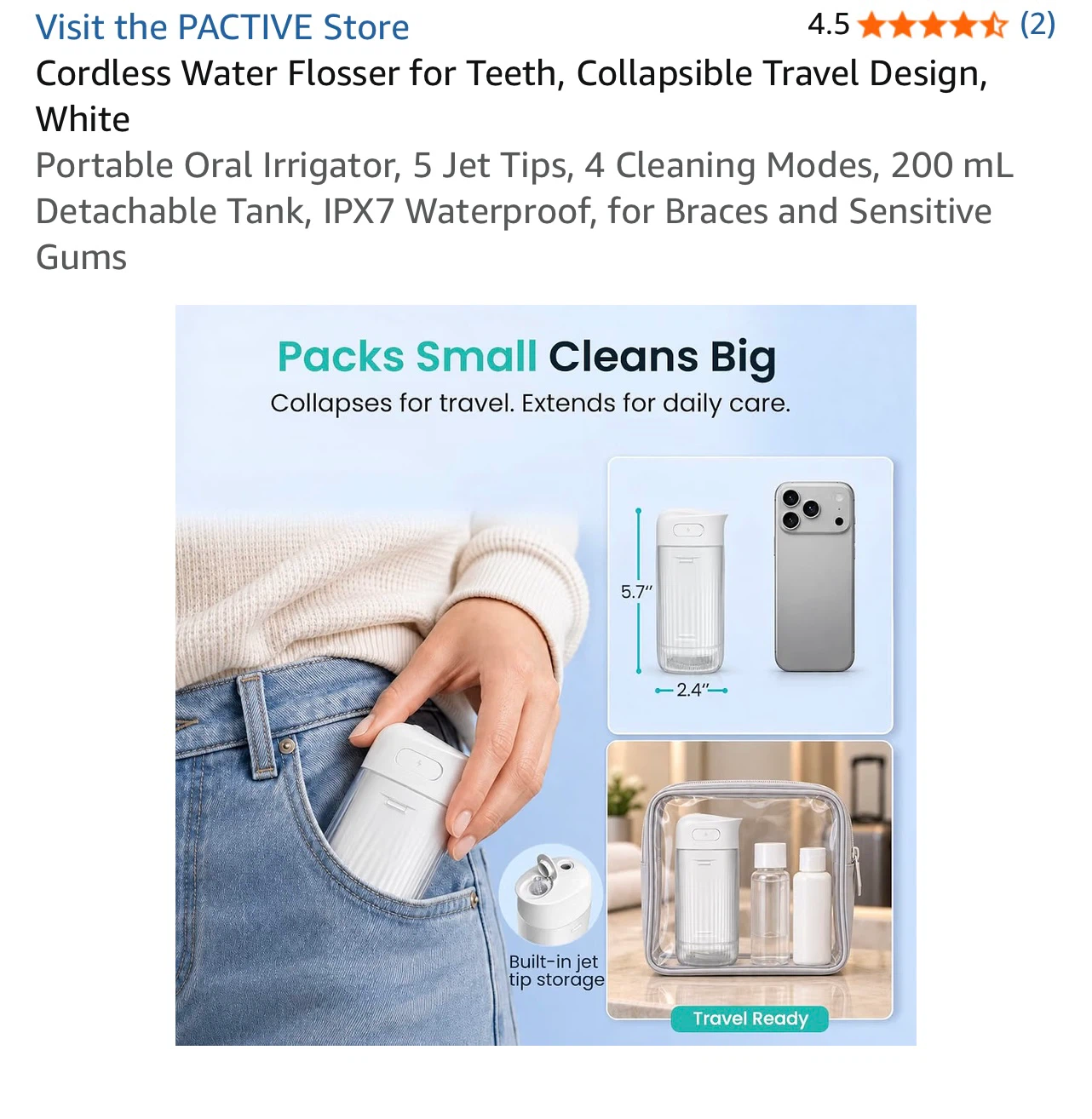 Cordless Water Flosser for Teeth, Collapsible Travel Design - photo 4