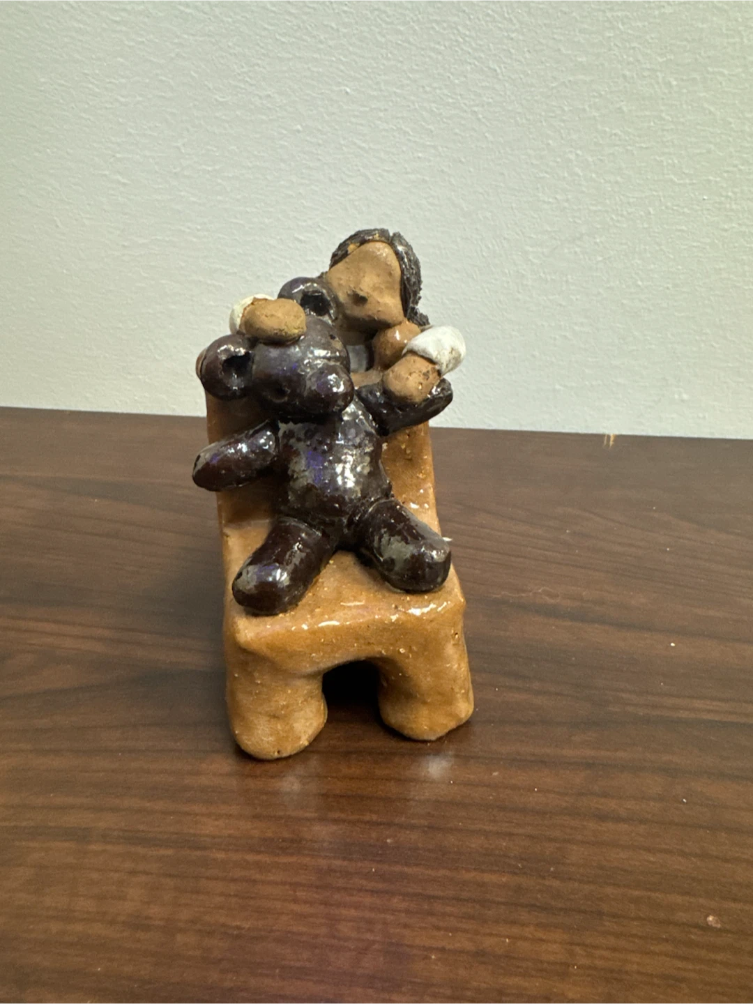 Handmade Clay Figurine of Girl and Teddy Bear
