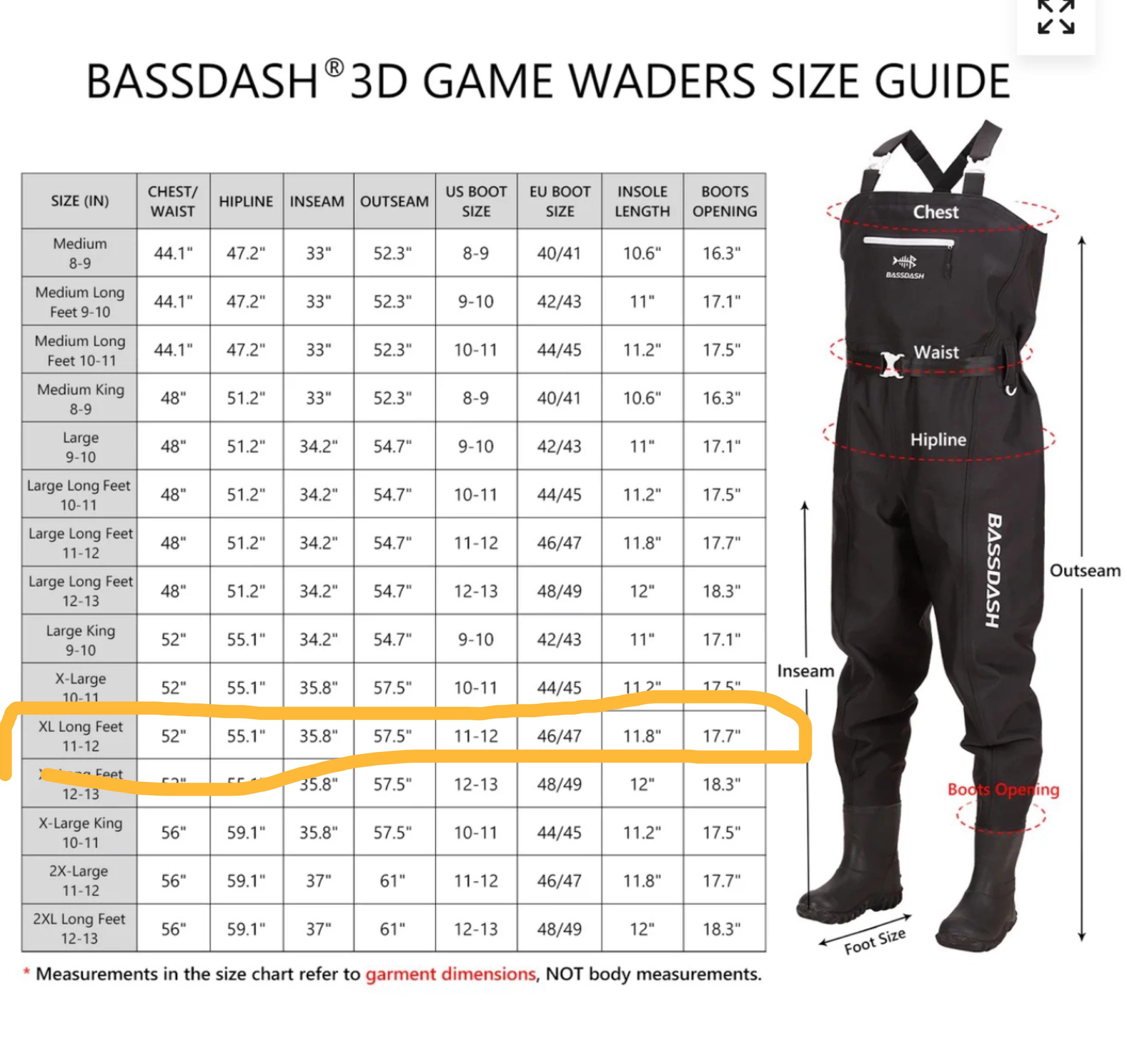Bassdash 3D Game Waders Size XL Long Feet 11-12