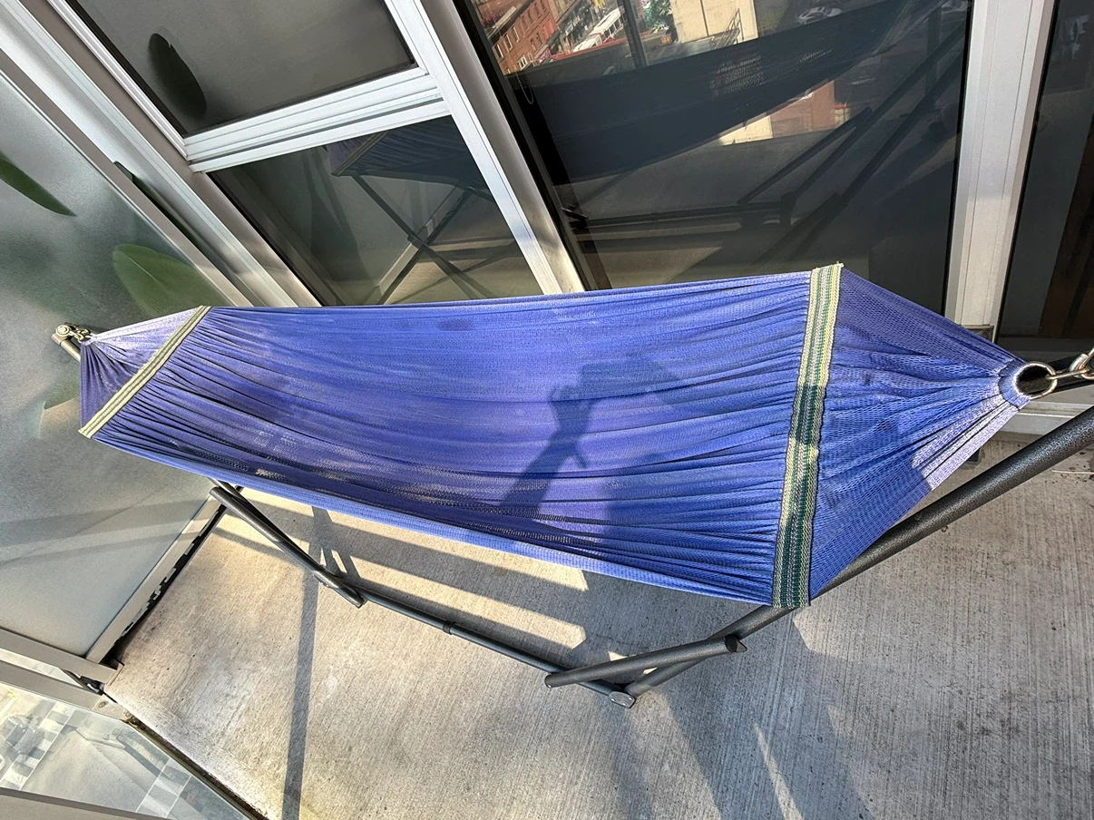 Portable Blue Mesh Hammock with Metal Stand