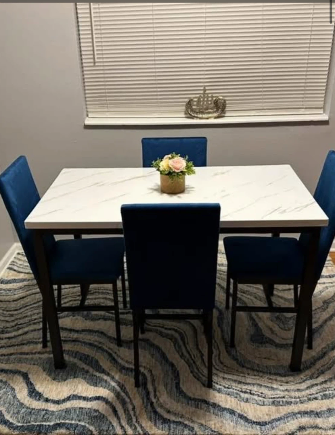 Marble Top Dining Table with 4 Blue Velvet Chairs
