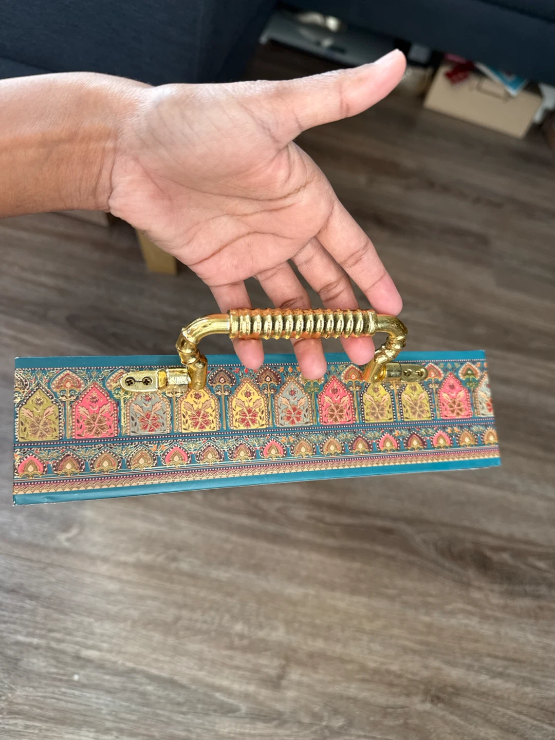 Decorative Blue Patterned Serving Tray with Gold Handles - photo 3