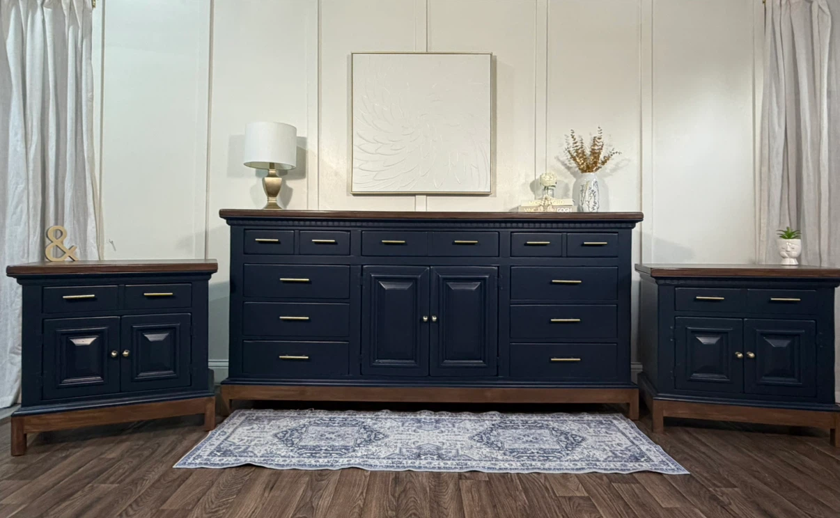 Refinished Navy Blue Bedroom Dresser Set