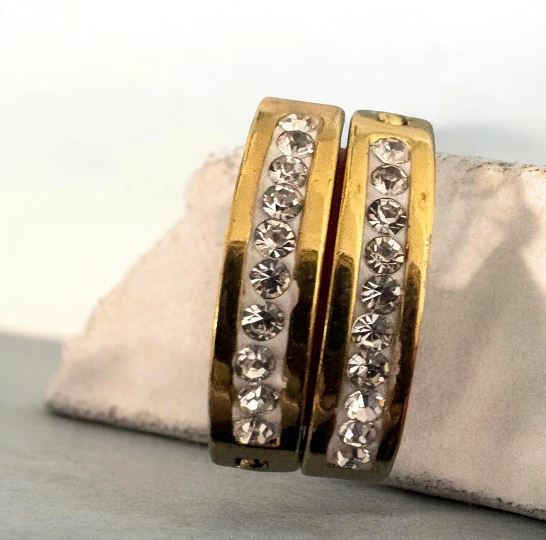 Gold-Tone Hoop Earrings with Rhinestones - photo 2
