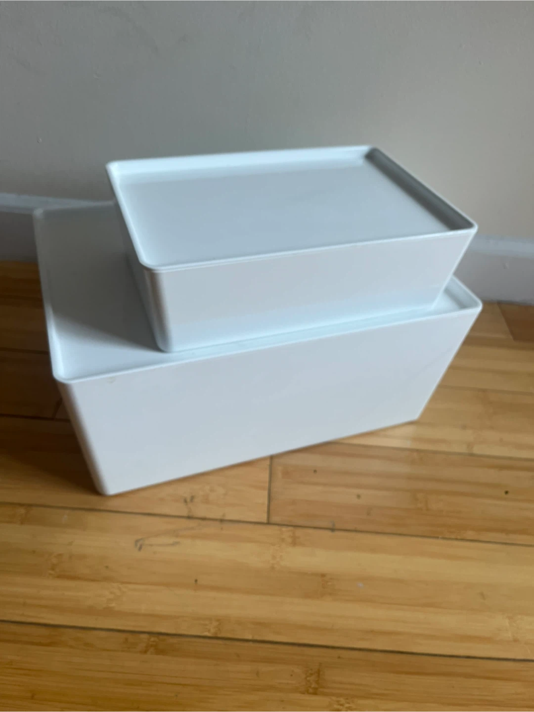 Two White Plastic Storage Boxes with Lids